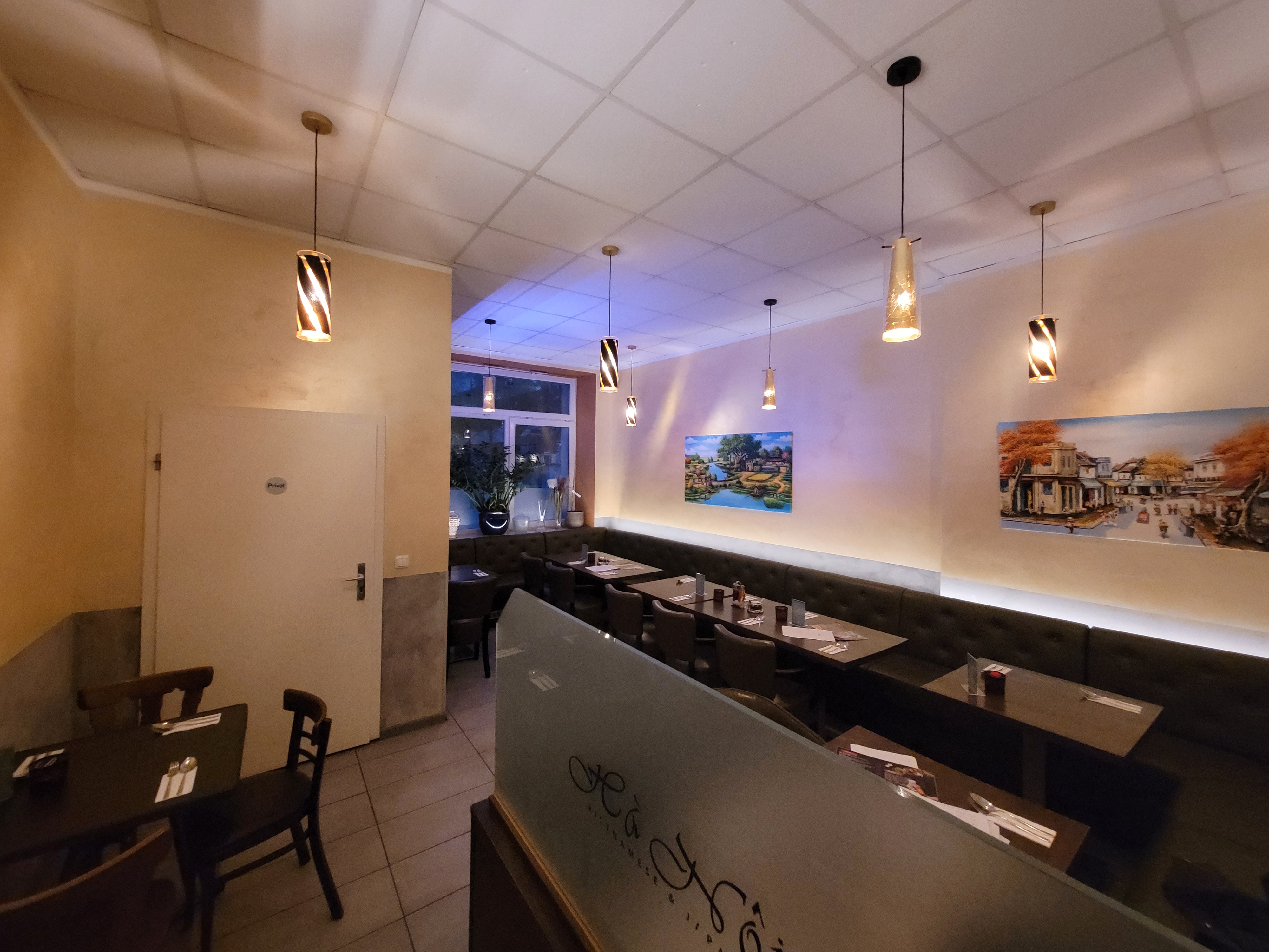 Dining room with pendant lights